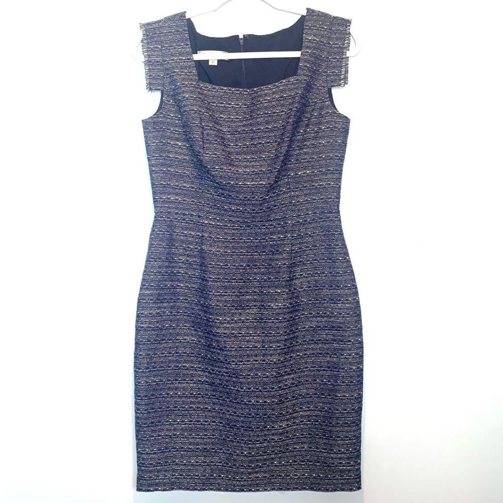 Kay Unger Blue Tweed Sheath Dress Fringe Sleeves Square Neck